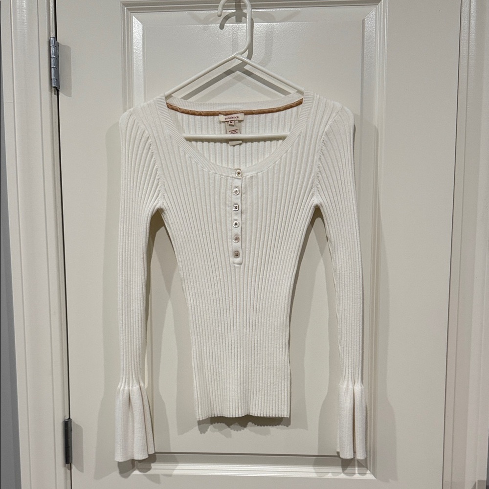 Sundance White Ribbed Button-Up Women's Sweater
